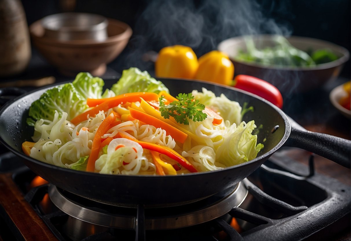 Napa cabbage, sliced carrots, and bell peppers sizzle in a hot wok with garlic and ginger. The vibrant colors and steam rising from the stir fry create a mouthwatering scene
