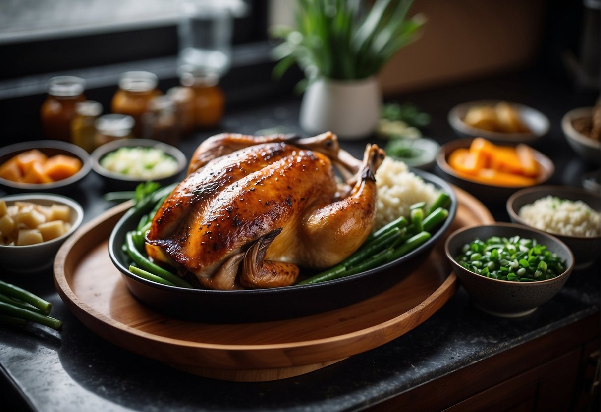 A platter of leftover roast duck sits on a kitchen counter next to various storage containers. The duck is beautifully glazed and garnished with green onions, creating an appetizing display