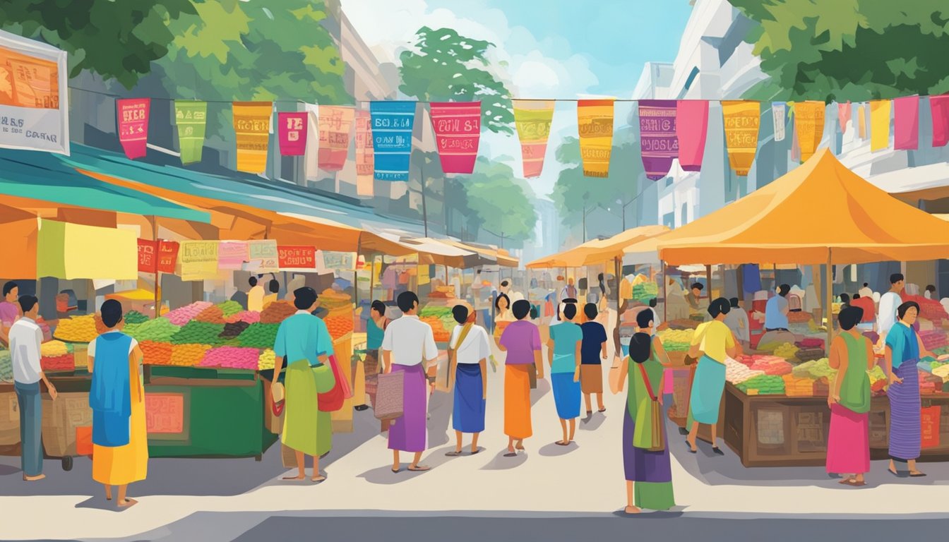 A bustling street market in Singapore, colorful sarongs on display, vendors haggling with customers, a sign advertising "cheap sarongs" in bold letters