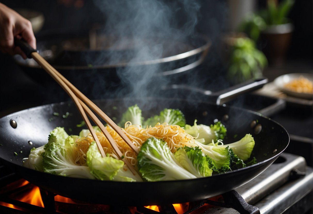 A wok sizzles as Chinese napa cabbage is stir-fried with garlic, ginger, and soy sauce. Steam rises as the vibrant green leaves wilt and caramelize