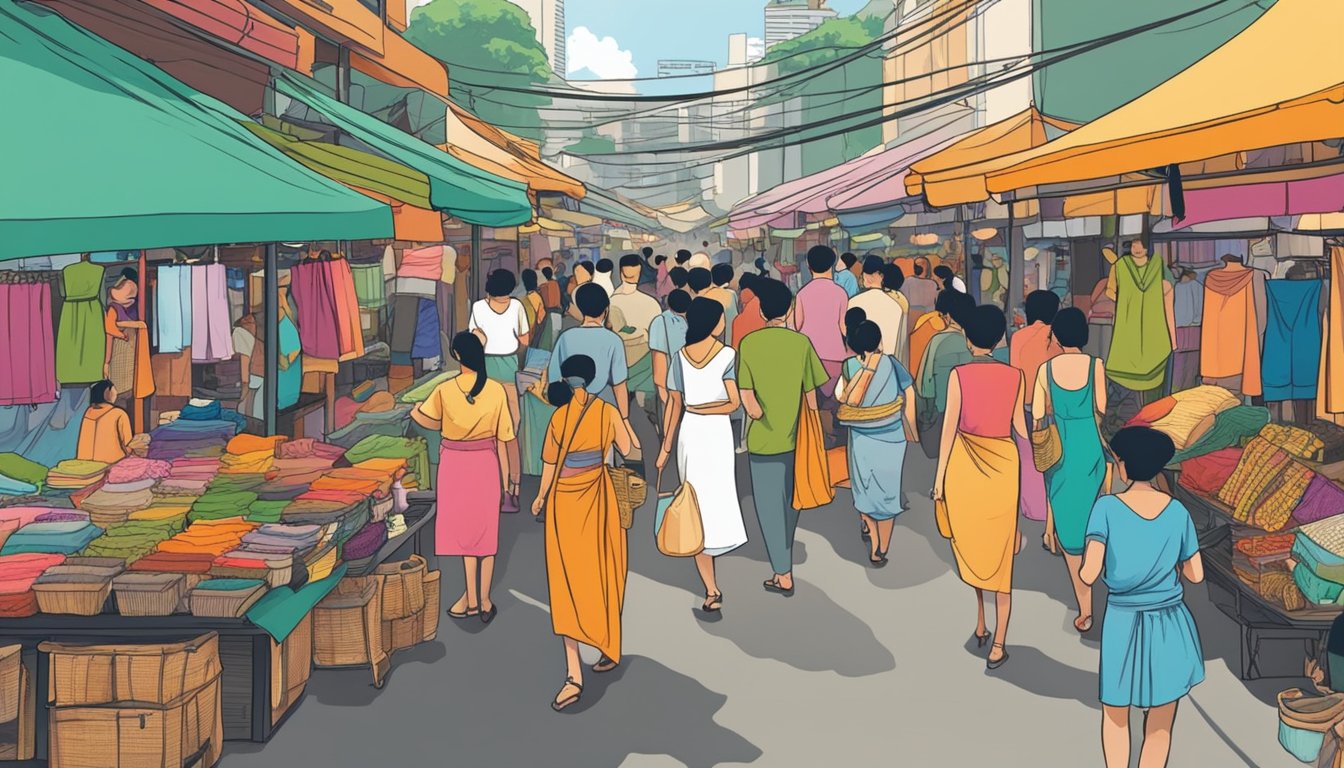 A bustling market in Singapore showcases colorful, affordable sarongs. Vendors display a variety of patterns and fabrics, attracting thrifty shoppers