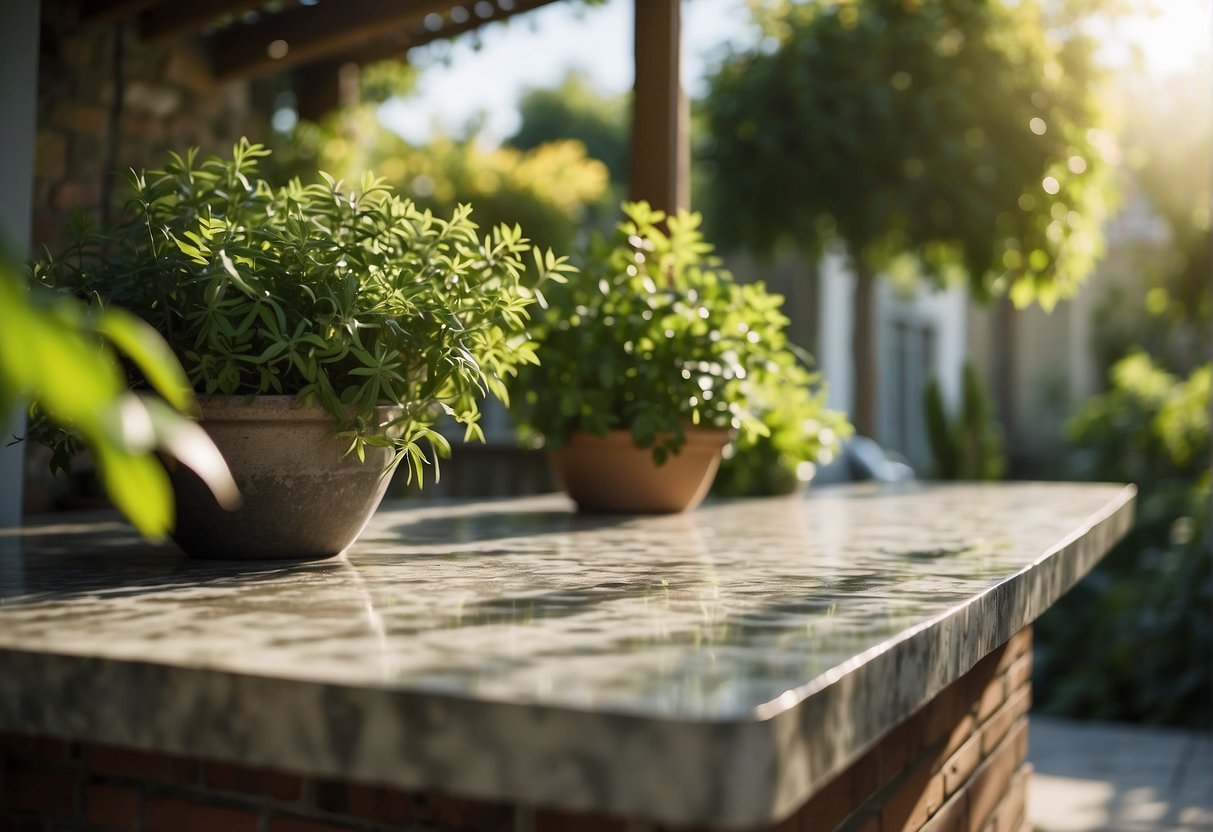 A stone countertop sits under a pergola, surrounded by lush greenery and bathed in natural sunlight. The surface is durable and weather-resistant, making it the ideal choice for an outdoor setting