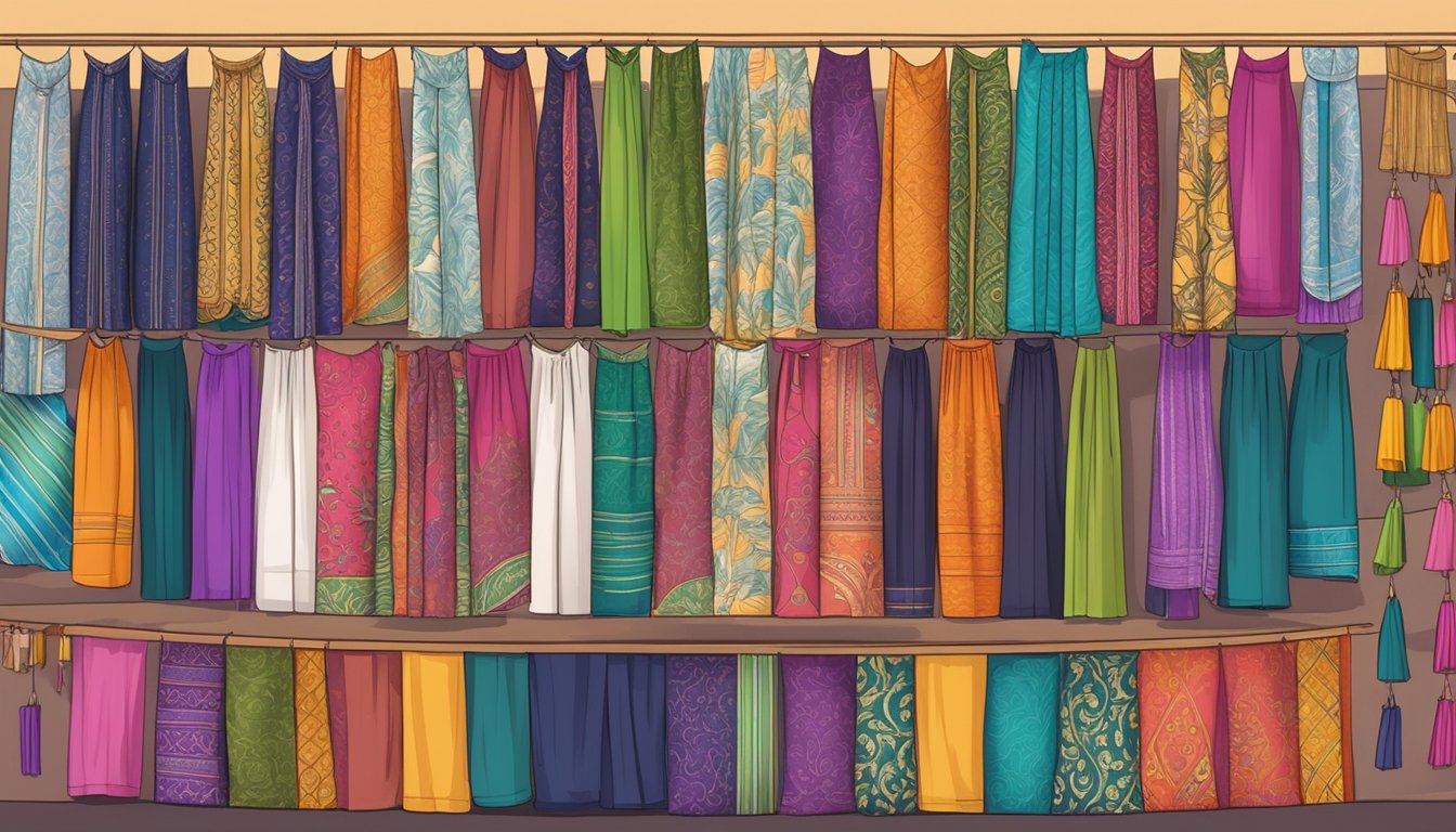 A colorful display of sarongs hangs from a market stall in Singapore, with price tags indicating affordable options