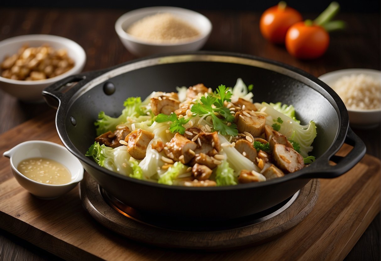 A wok sizzles with Chinese napa cabbage, garlic, and ginger. Soy sauce, sesame oil, and rice vinegar sit nearby. Optional ingredients like tofu and shiitake mushrooms are also present