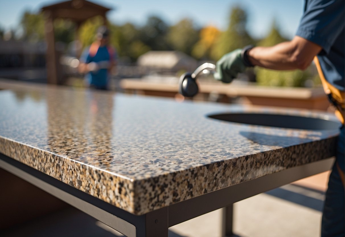 An outdoor countertop being installed and fabricated using durable materials like granite or quartz. Outdoor elements like sunlight and weather should be considered