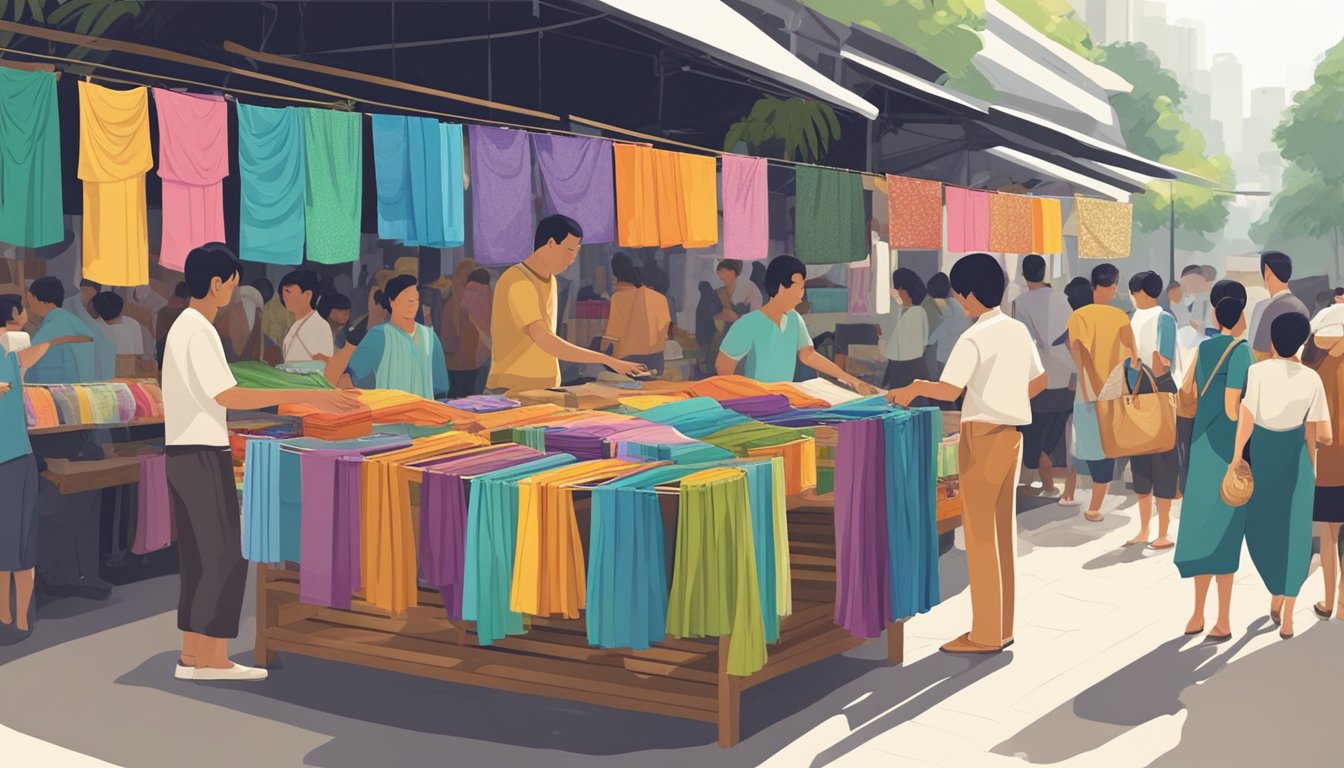 A bustling market stall displays colorful sarongs in Singapore, with price tags prominently displayed. Shoppers browse through the selection, while a vendor assists a customer