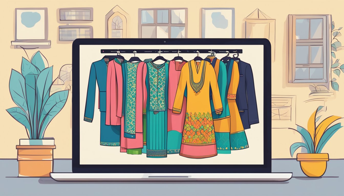 A laptop with a variety of colorful salwar suits displayed on a website, with a "buy now" button prominently featured