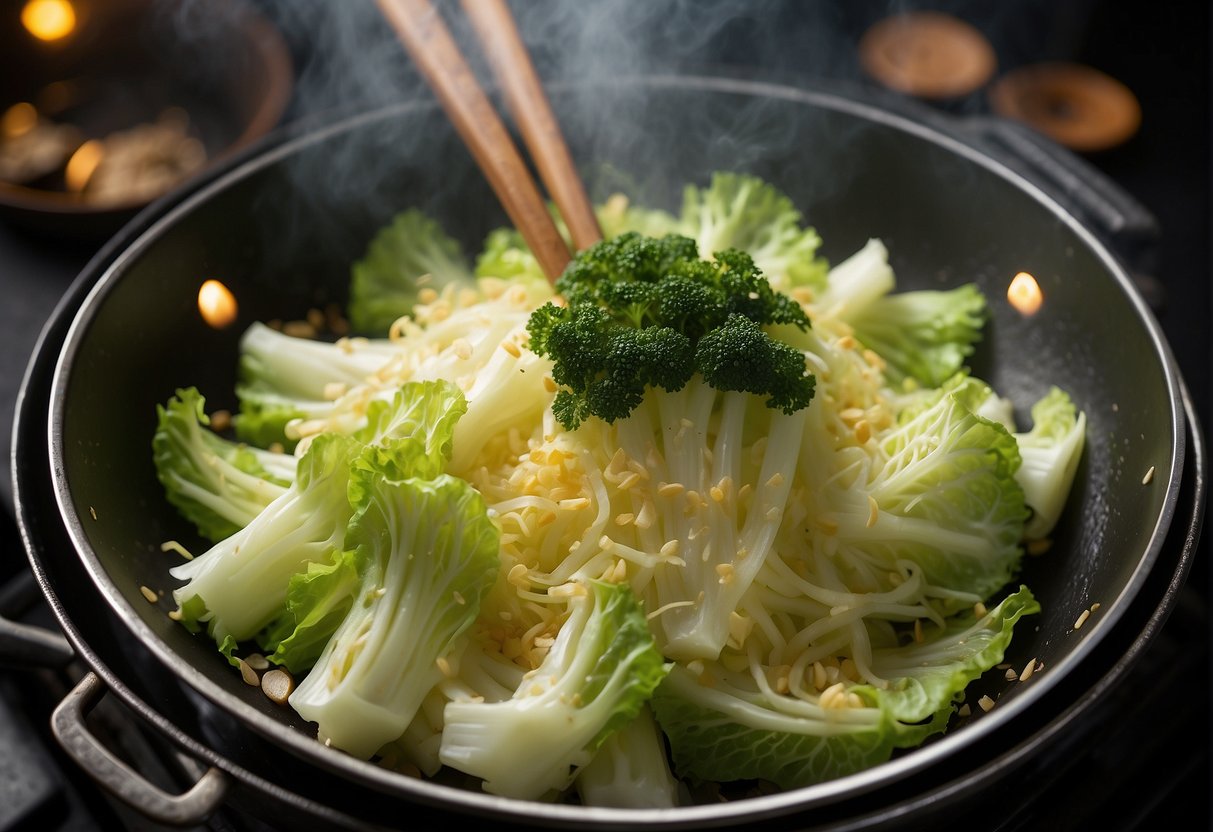 Napa cabbage sliced, garlic minced, stir-fried in wok with oil, soy sauce, and seasoning. Steam rises, wok sizzles