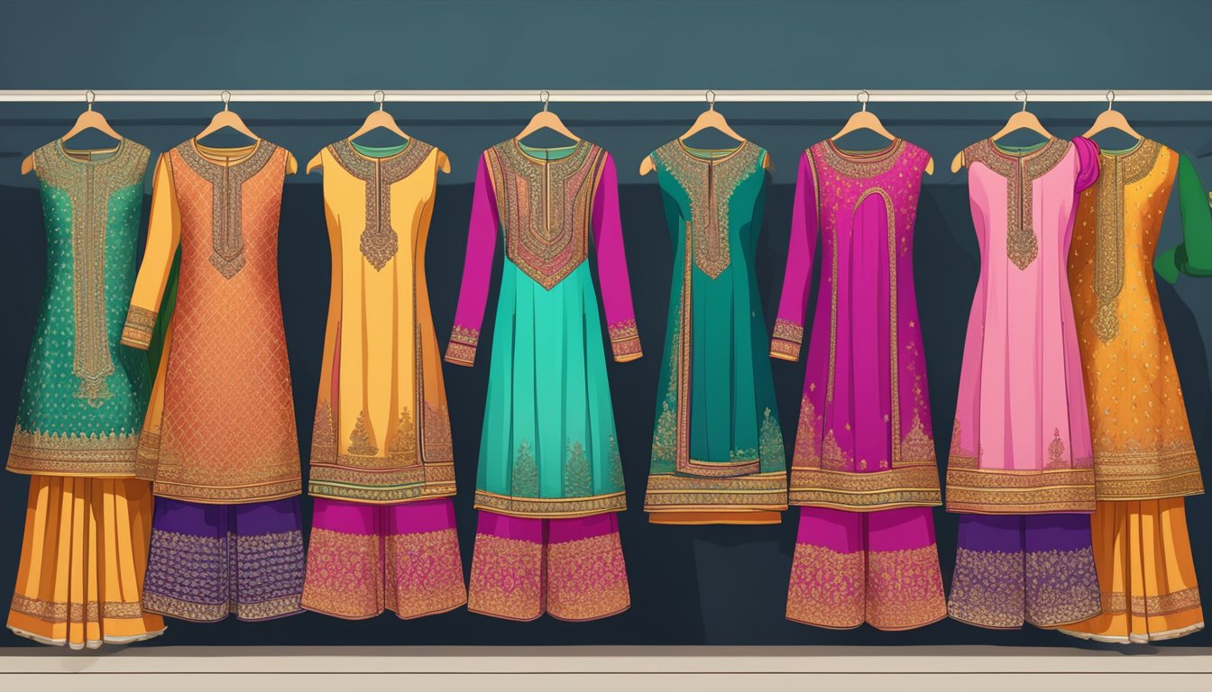 A vibrant display of colorful salwar suits arranged neatly on racks, with intricate embroidery and elegant designs, available for purchase online