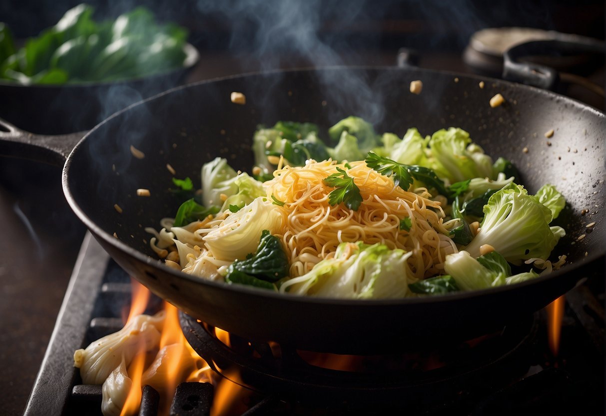 A wok sizzles as napa cabbage is stir-fried with garlic, ginger, and soy sauce. Steam rises as the vibrant green leaves wilt and caramelize