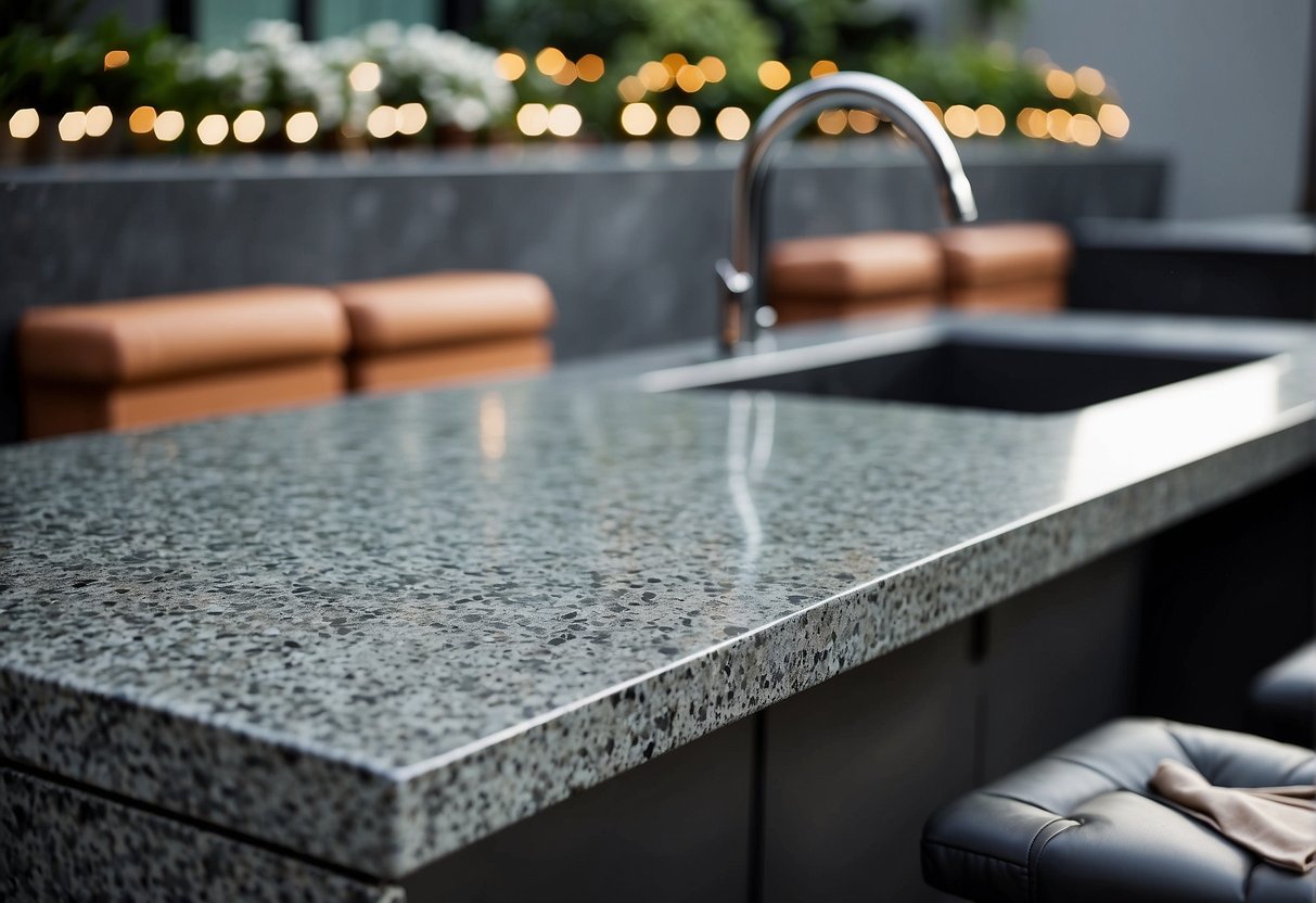 The outdoor countertop is made of durable, weather-resistant materials like granite or stainless steel. It is surrounded by various popular brand logos and supplier labels