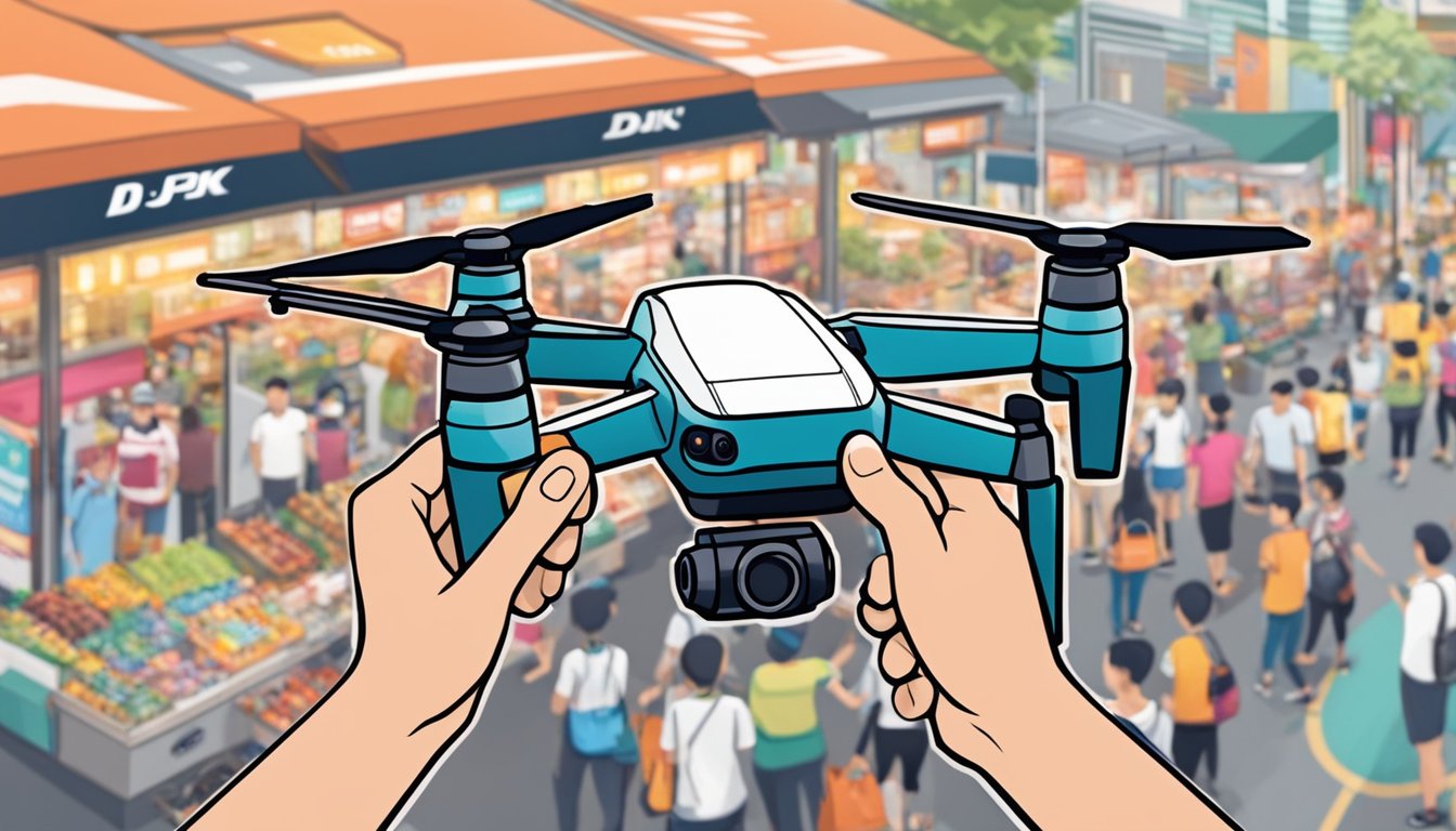 A hand reaches out to purchase a DJI Spark drone in a bustling Singapore market