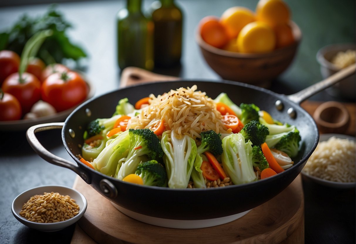 A sizzling wok of Chinese napa cabbage stir fry, surrounded by colorful vegetables and aromatic spices, ready to be paired with steamed rice or noodles
