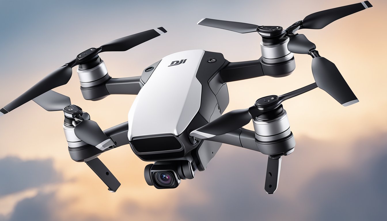The DJI Spark hovers in mid-air, its compact frame and sleek design highlighted. Accessories like propeller guards and a remote controller are displayed nearby