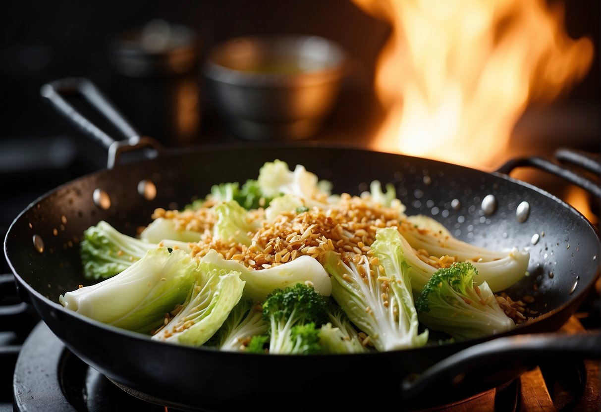 A sizzling wok stir-frying Chinese napa cabbage with aromatic garlic, ginger, and soy sauce, creating a vibrant and flavorful dish