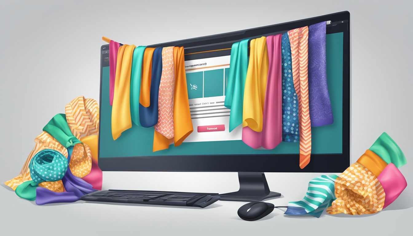 A computer screen displaying a website with various scarves for sale, a cursor clicking on the "buy now" button
