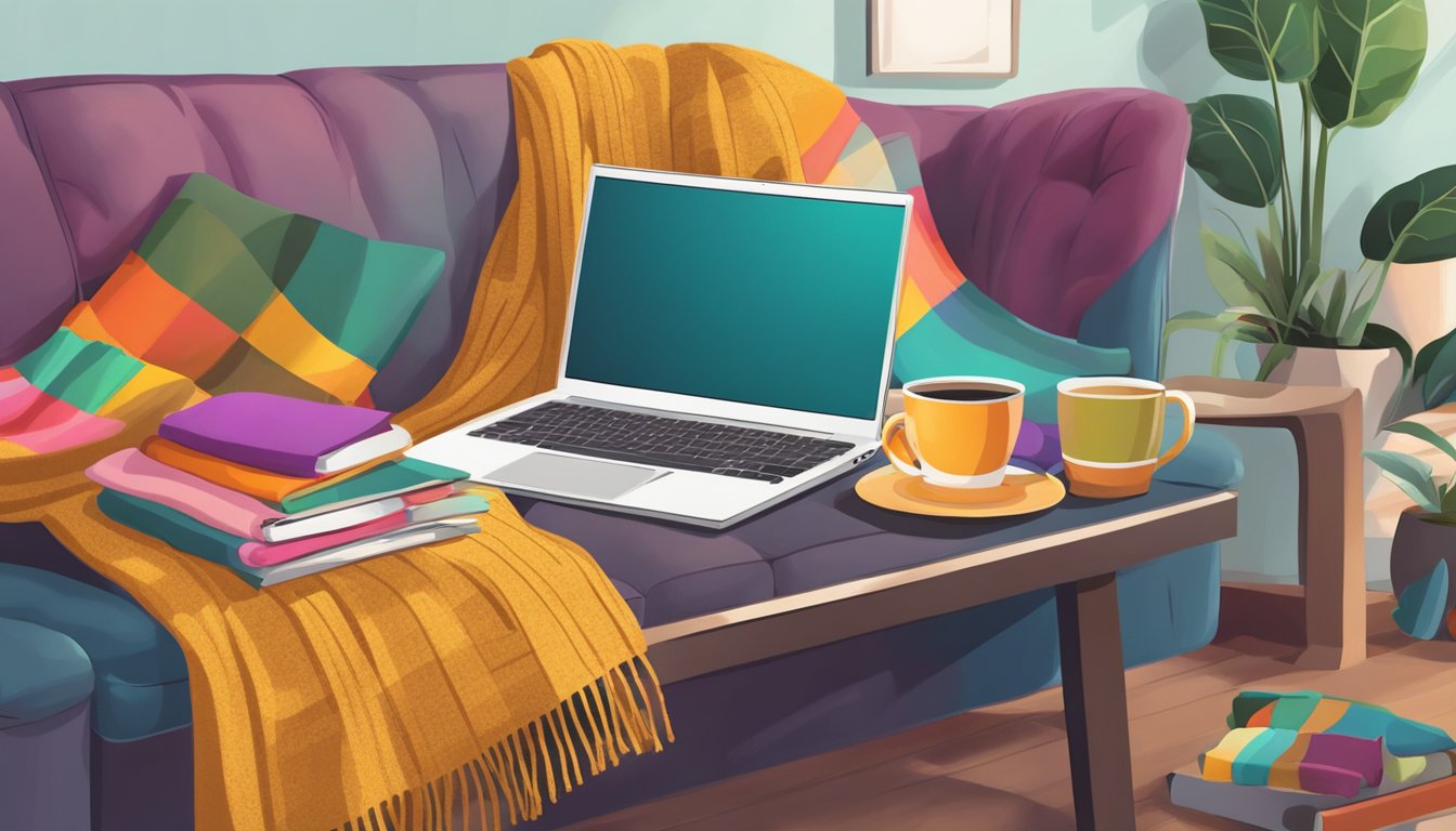 A laptop open on a cozy couch, with a variety of colorful scarves displayed on the screen. A cup of hot tea sits nearby