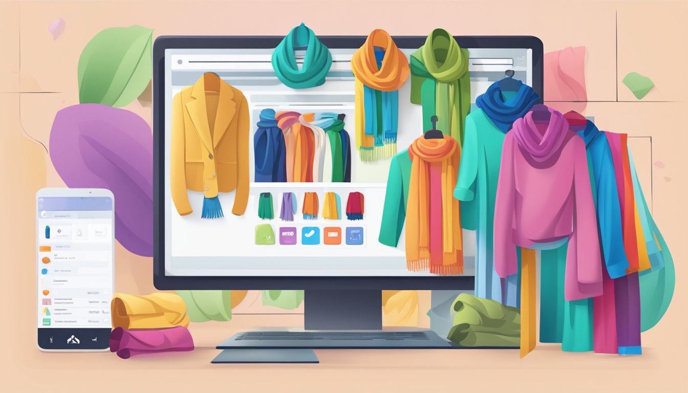 A computer screen displaying a colorful array of scarves. A cursor hovers over a "buy now" button. Credit card and shipping information fields are visible