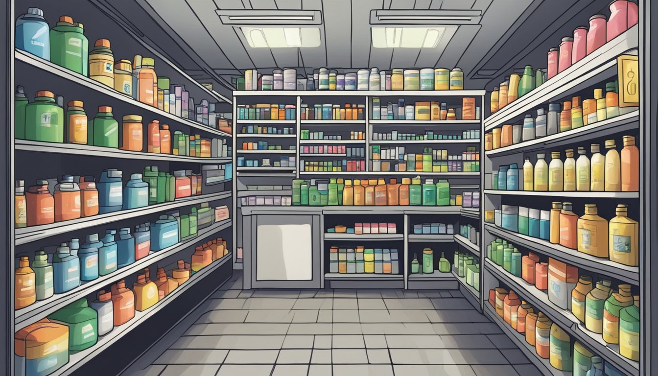 A small, dimly lit store in Singapore, shelves lined with various chemicals and supplies. A sign reads "Chloroform for sale" in bold letters