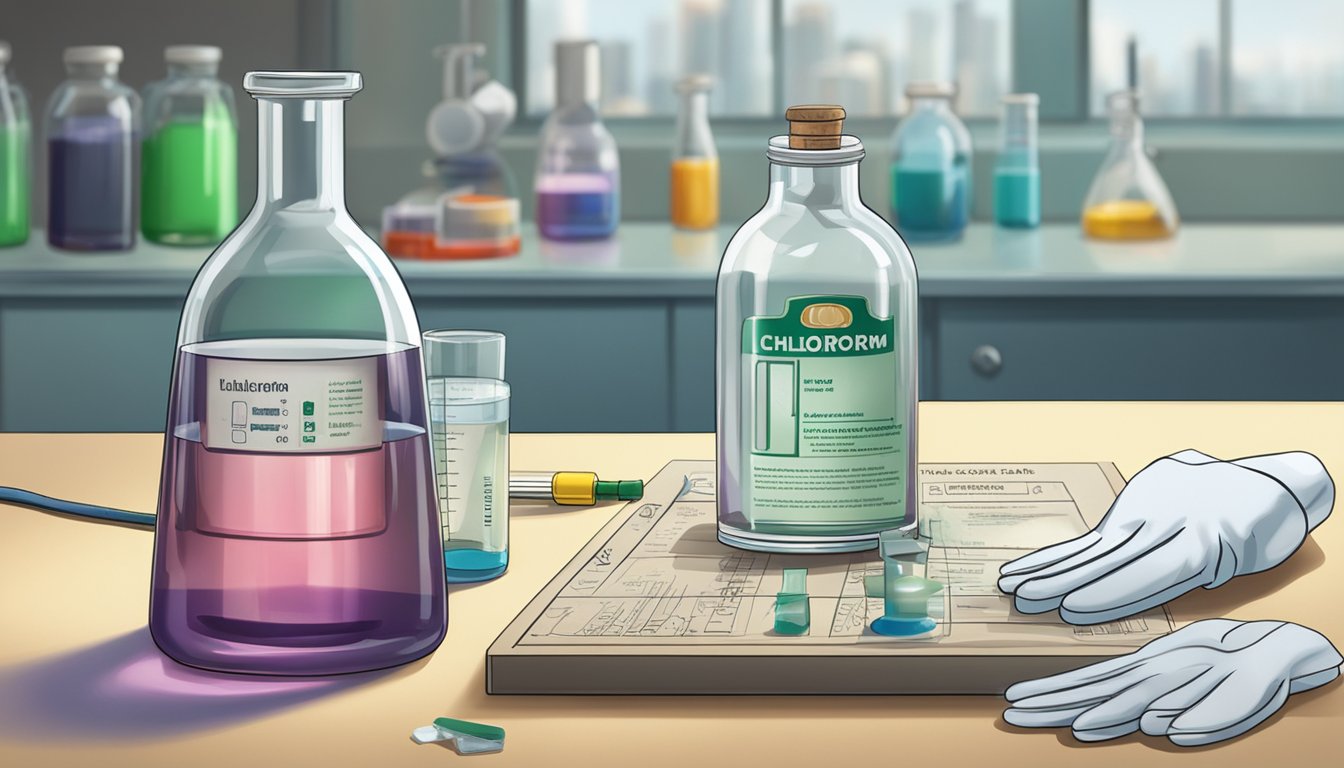 A laboratory table with a bottle of chloroform, a measuring cylinder, and a pair of gloves. A sign in the background reads "Chloroform for sale in Singapore."
