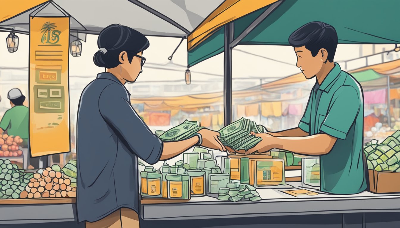A person hands over cash to a vendor at a market stall in Singapore, receiving a small bottle labeled "Chloroform" in return