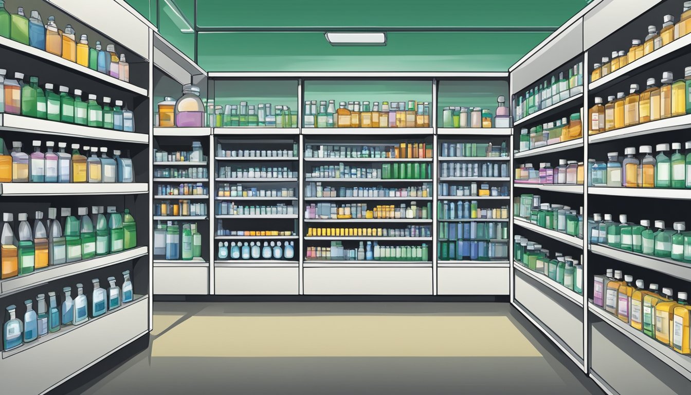 A pharmacy shelf stocked with chloroform bottles in Singapore