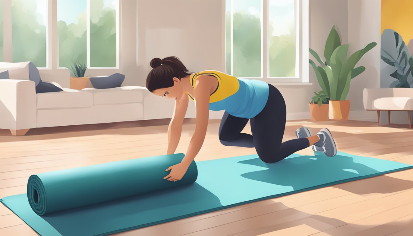 A person unrolling an exercise mat in a bright, spacious room