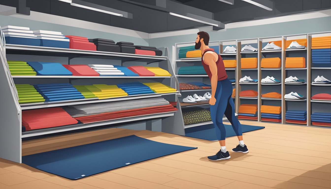 A person standing in a sports equipment store, comparing different exercise mats displayed on a shelf