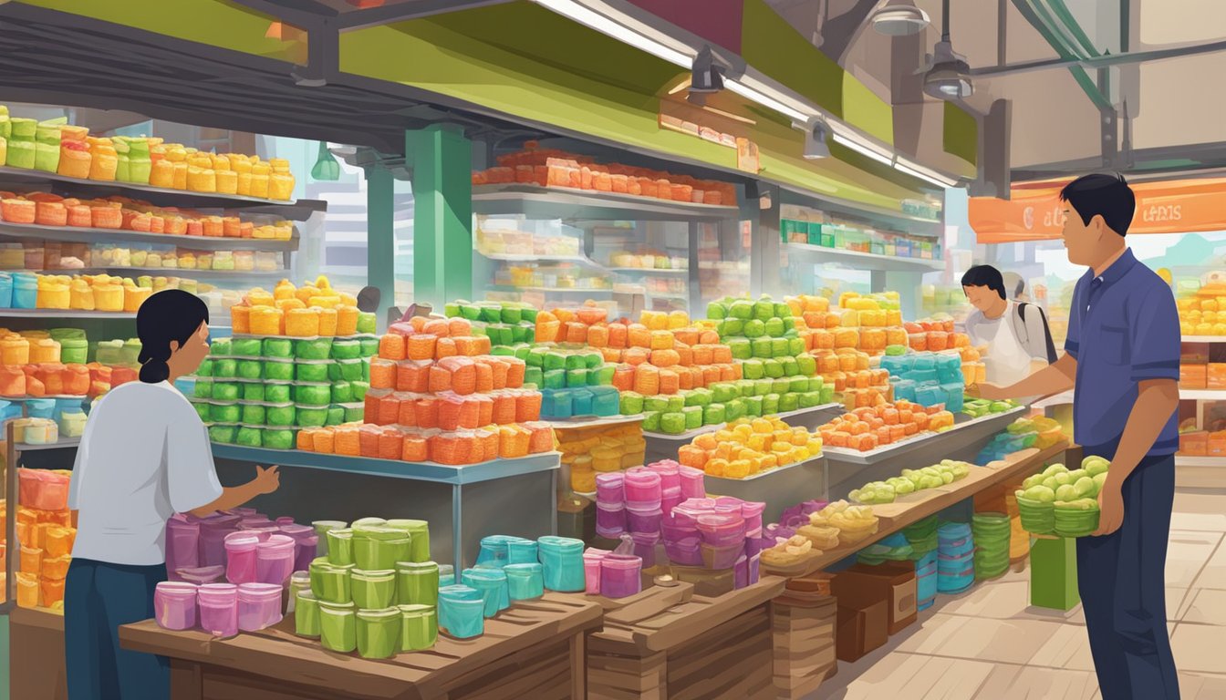 A bustling market stall sells coconut jelly in Singapore. Brightly colored packages line the shelves, while a vendor scoops the sweet treat into containers