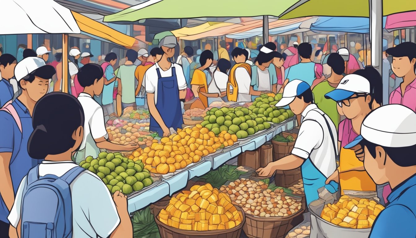 A bustling street market in Singapore, with colorful stalls selling fresh coconut jelly. Vendors enthusiastically promote their sweet treats to eager customers