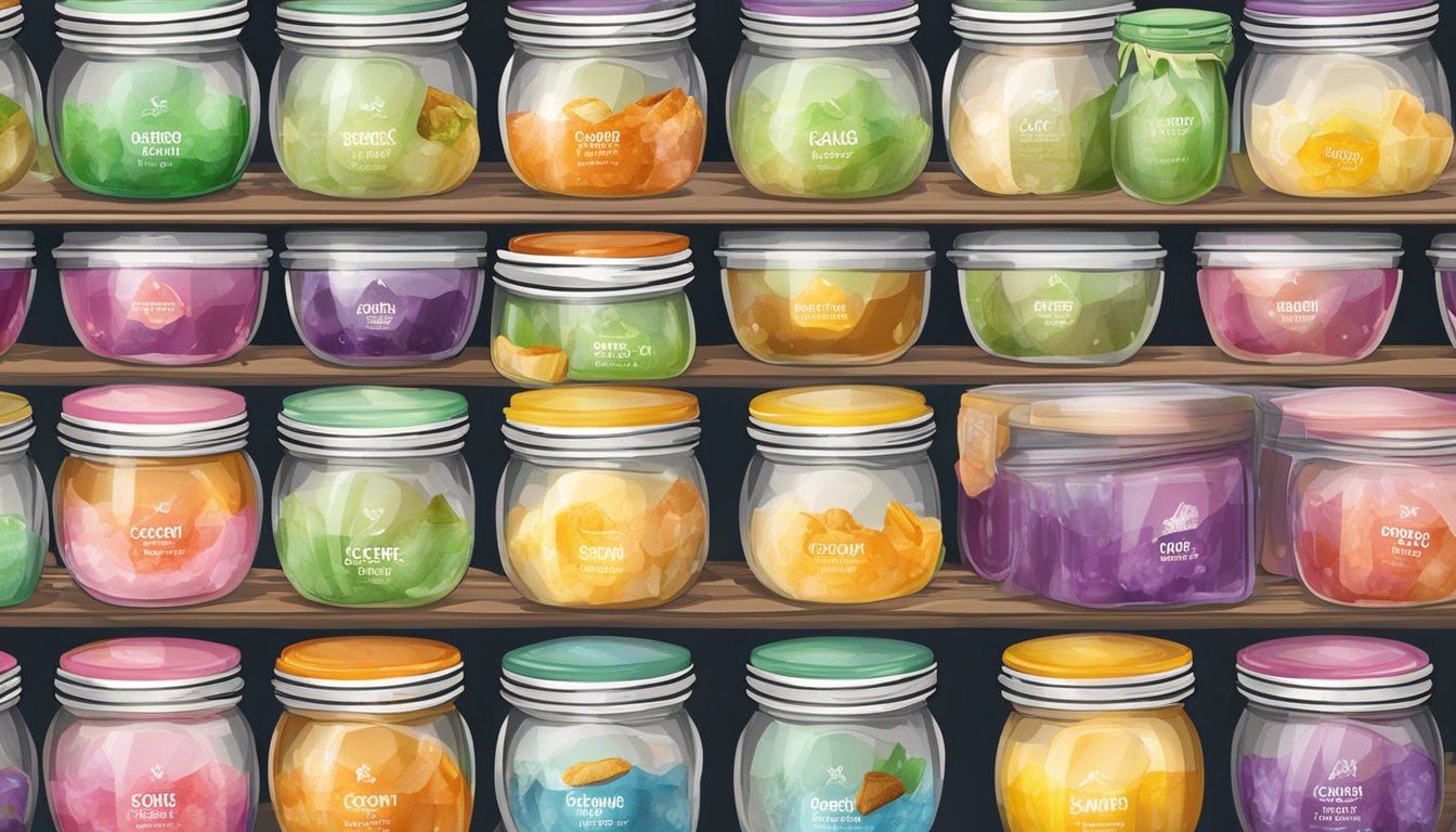 Coconut jelly displayed in various flavors and packaging at a market stall in Singapore