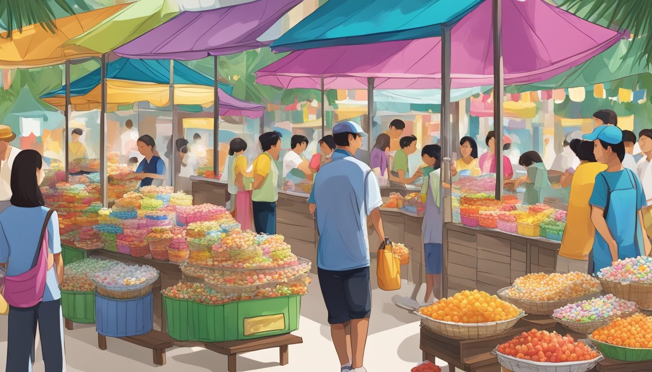 A bustling market stall with colorful displays of coconut jelly. Customers eagerly sample and purchase the sweet treats in the vibrant setting of Singapore