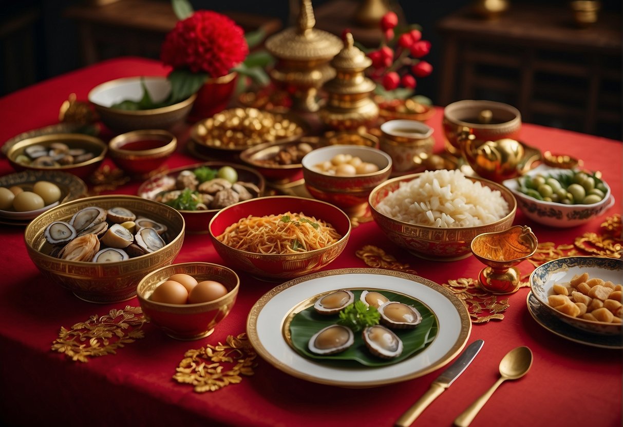 A table set with traditional Chinese New Year abalone recipes, surrounded by vibrant red and gold decorations