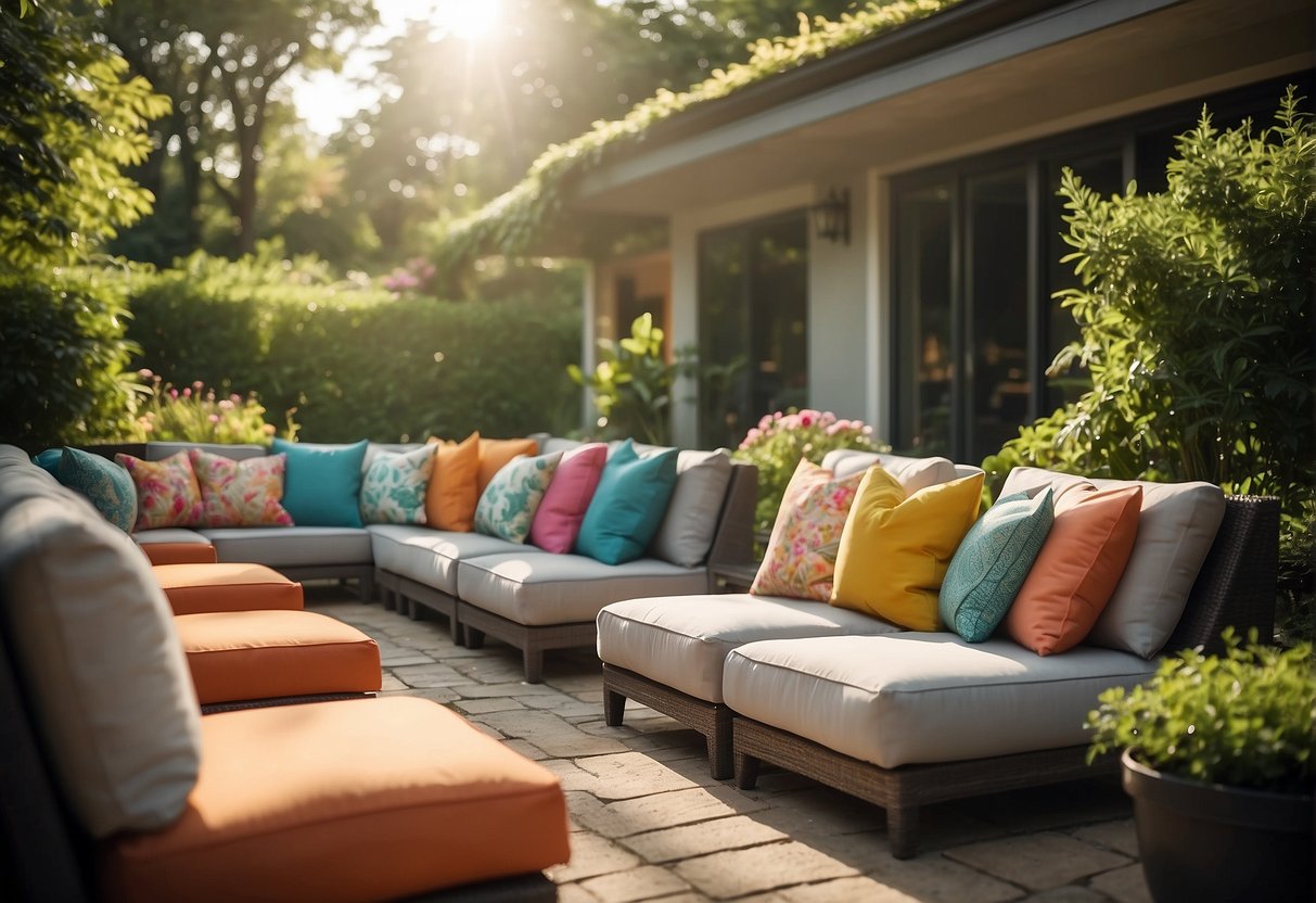 A sunny outdoor patio with a variety of colorful custom outdoor cushions displayed on comfortable chairs and lounges, surrounded by lush greenery