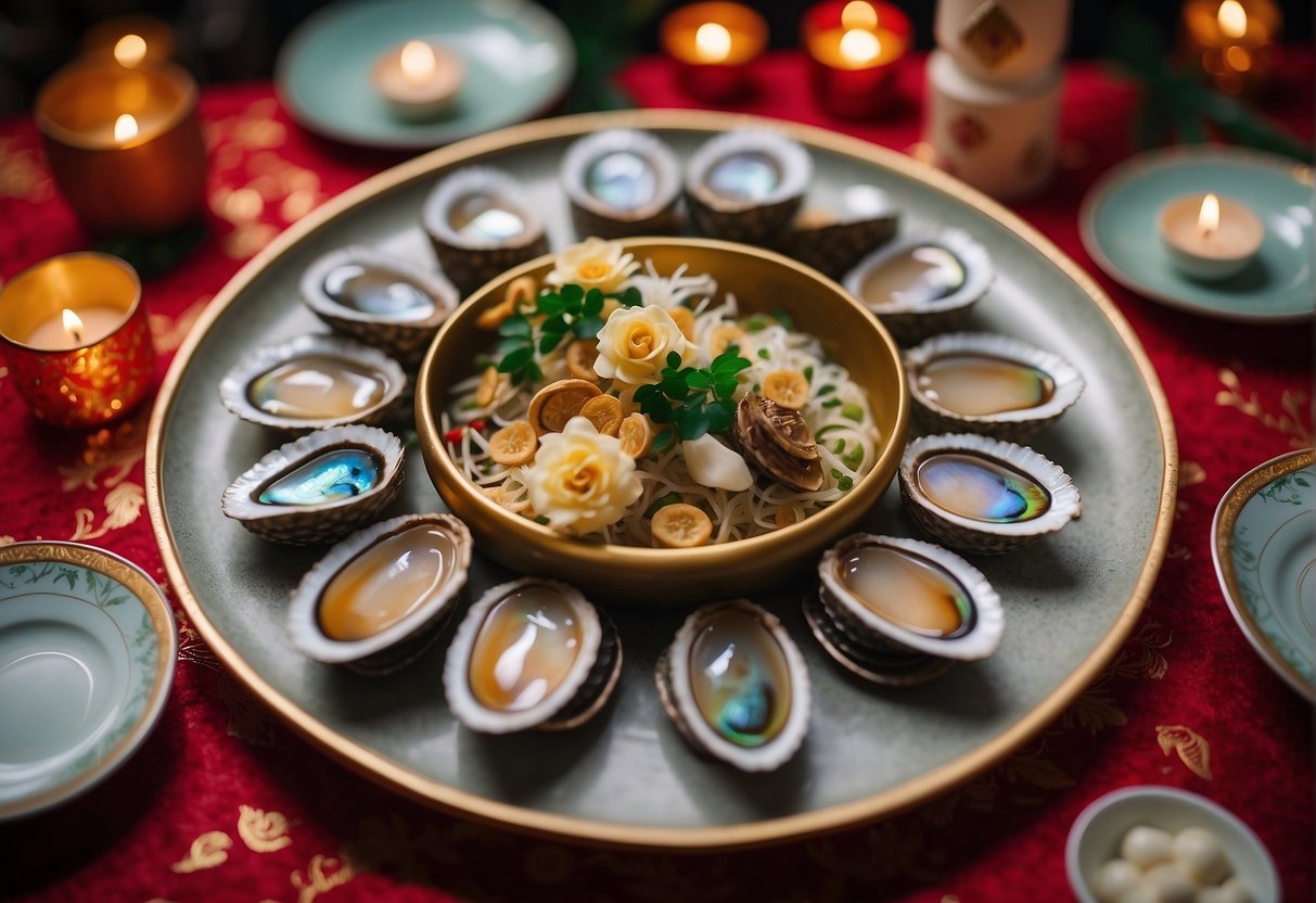 A hand reaches for a platter of abalone, surrounded by vibrant Chinese New Year decorations. The table is set with traditional Chinese dishes, creating a festive atmosphere