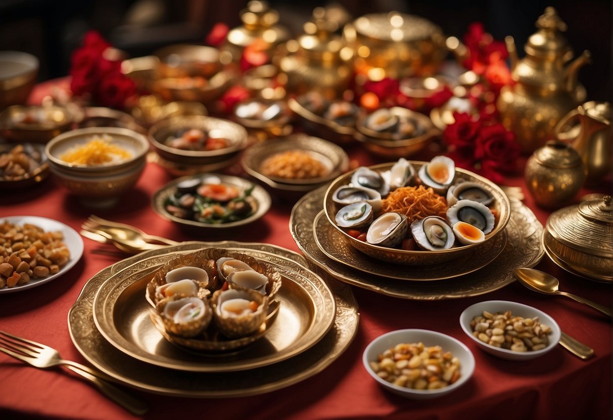A table set with traditional Chinese New Year abalone dishes, surrounded by red and gold decorations