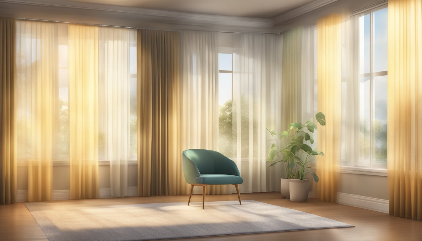Sunlight filters through sheer curtains, casting a soft glow in a room. A computer or phone displays a website with a variety of sheer curtain options