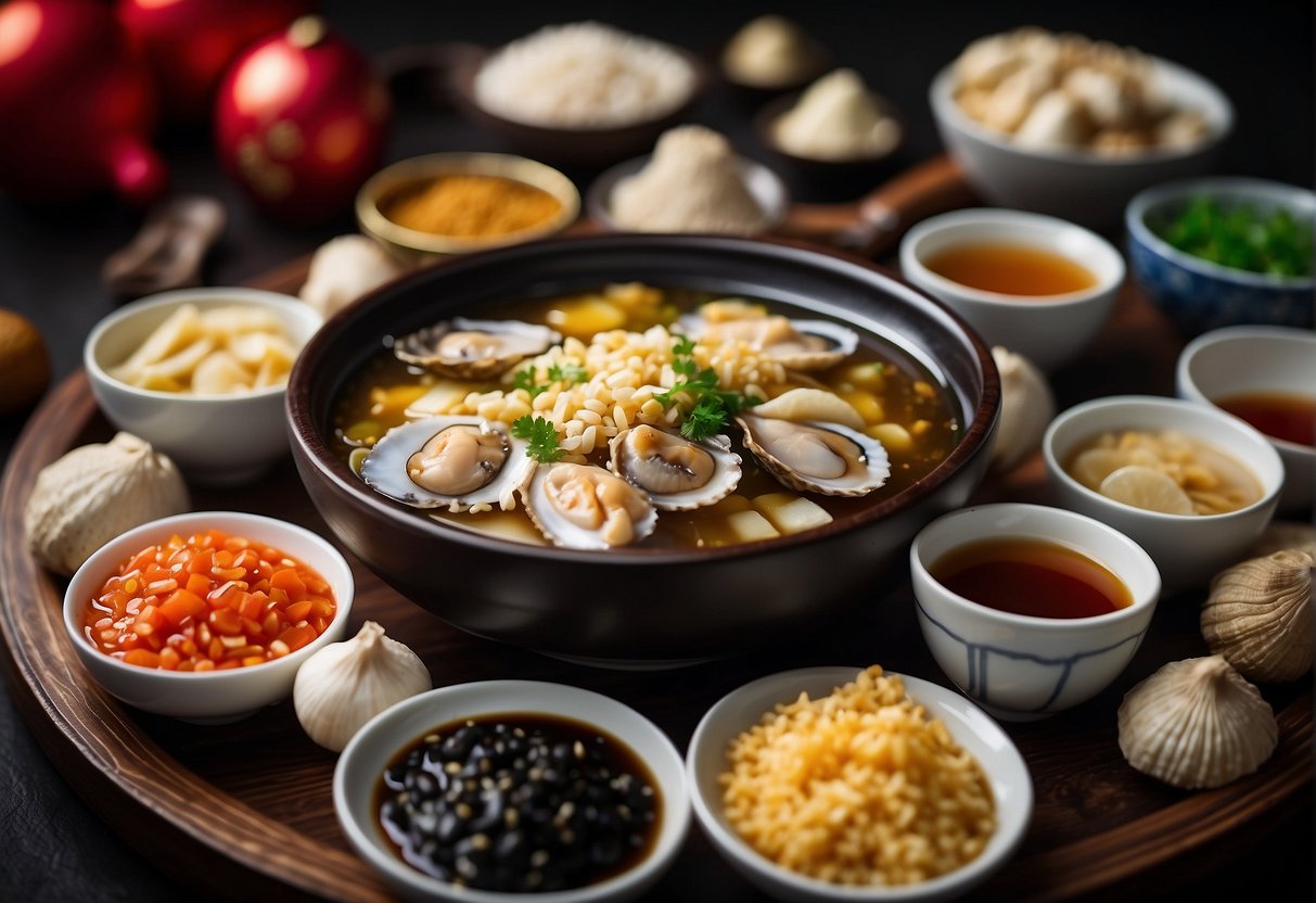 A table filled with various sauces and seasonings, including soy sauce, oyster sauce, ginger, and garlic, alongside fresh abalone shells and Chinese New Year decorations