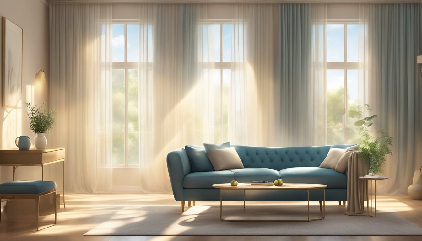 Sunlight streams through the sheer curtains, casting a soft glow in the room. The fabric gently billows in the breeze, creating an elegant and airy atmosphere