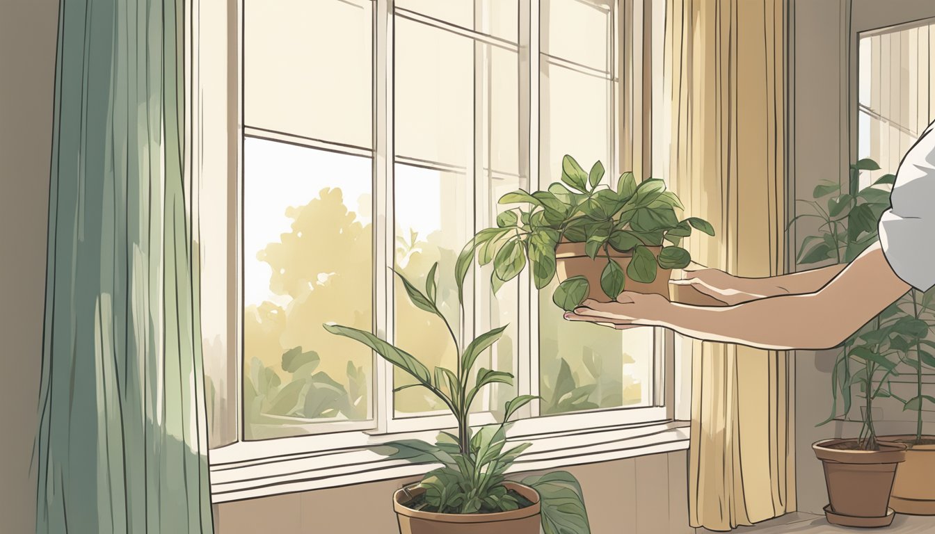 A hand reaches out to carefully hang sheer curtains over a window, while a potted plant sits nearby, receiving gentle sunlight