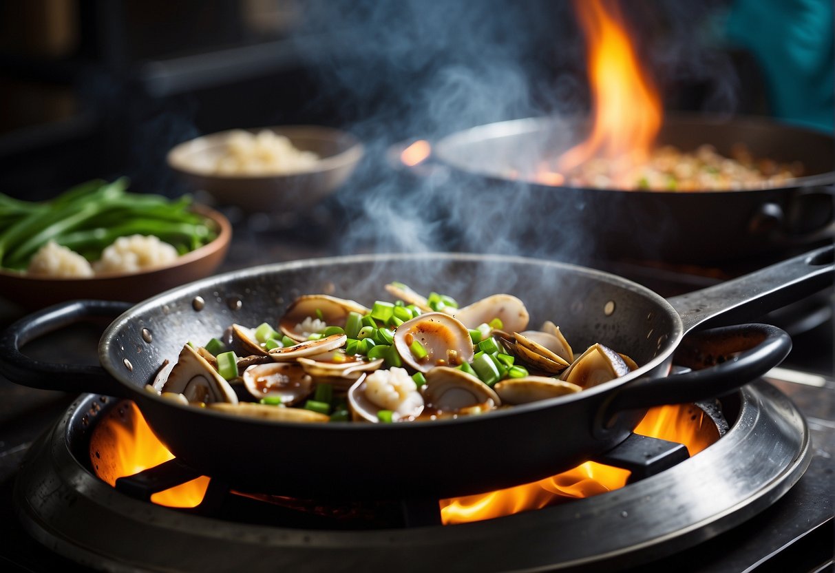 Sizzling abalone stir-fry in a wok with ginger, garlic, and green onions. Steam rising, vibrant colors, and aromatic spices fill the air