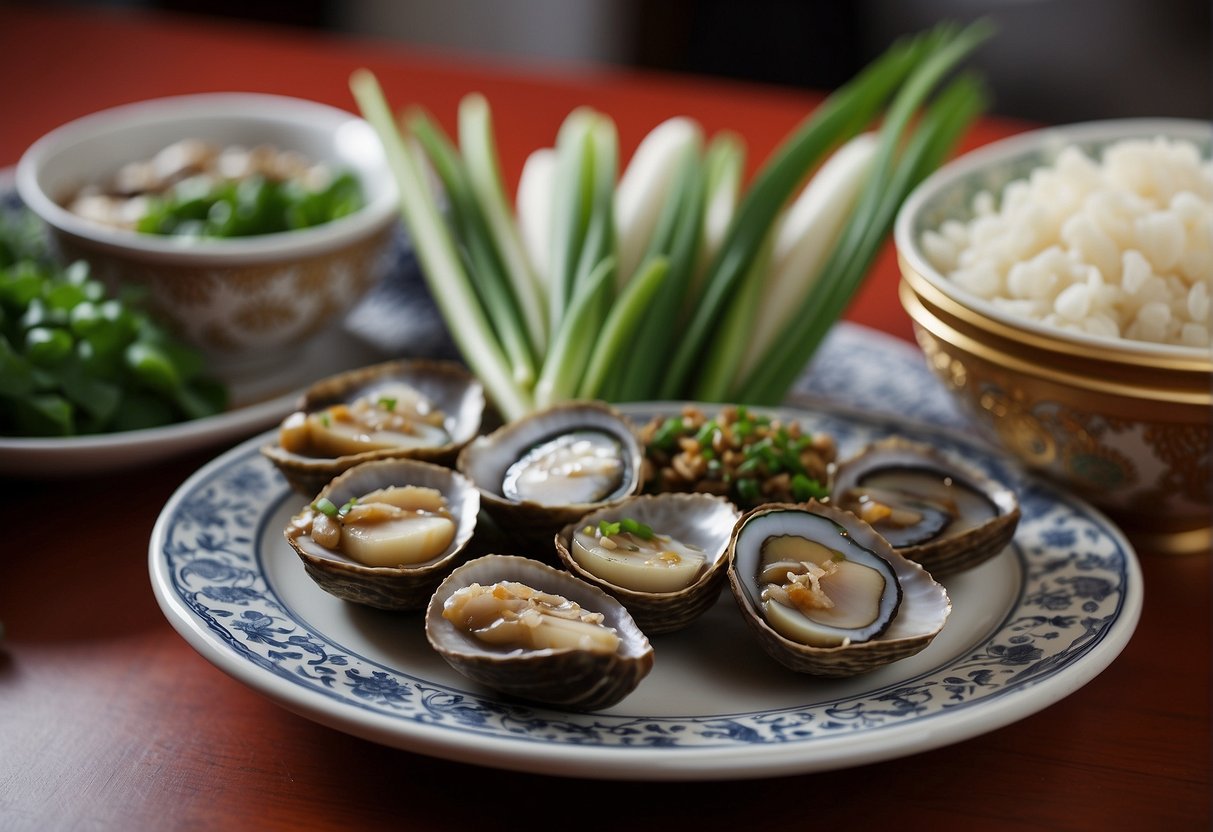 A table set with fresh abalone, ginger, and green onions for a Chinese New Year feast