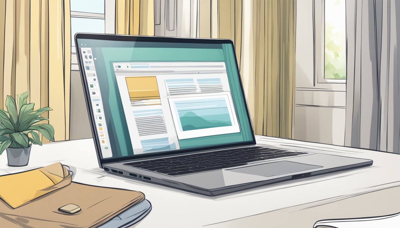 A laptop open to a website with a "Frequently Asked Questions" section on buying sheer curtains online, with a stack of sheer curtain samples next to it