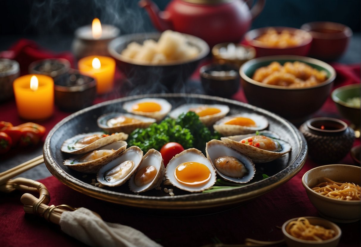 A table set with traditional Chinese New Year decorations and a steaming dish of abalone prepared in various recipes