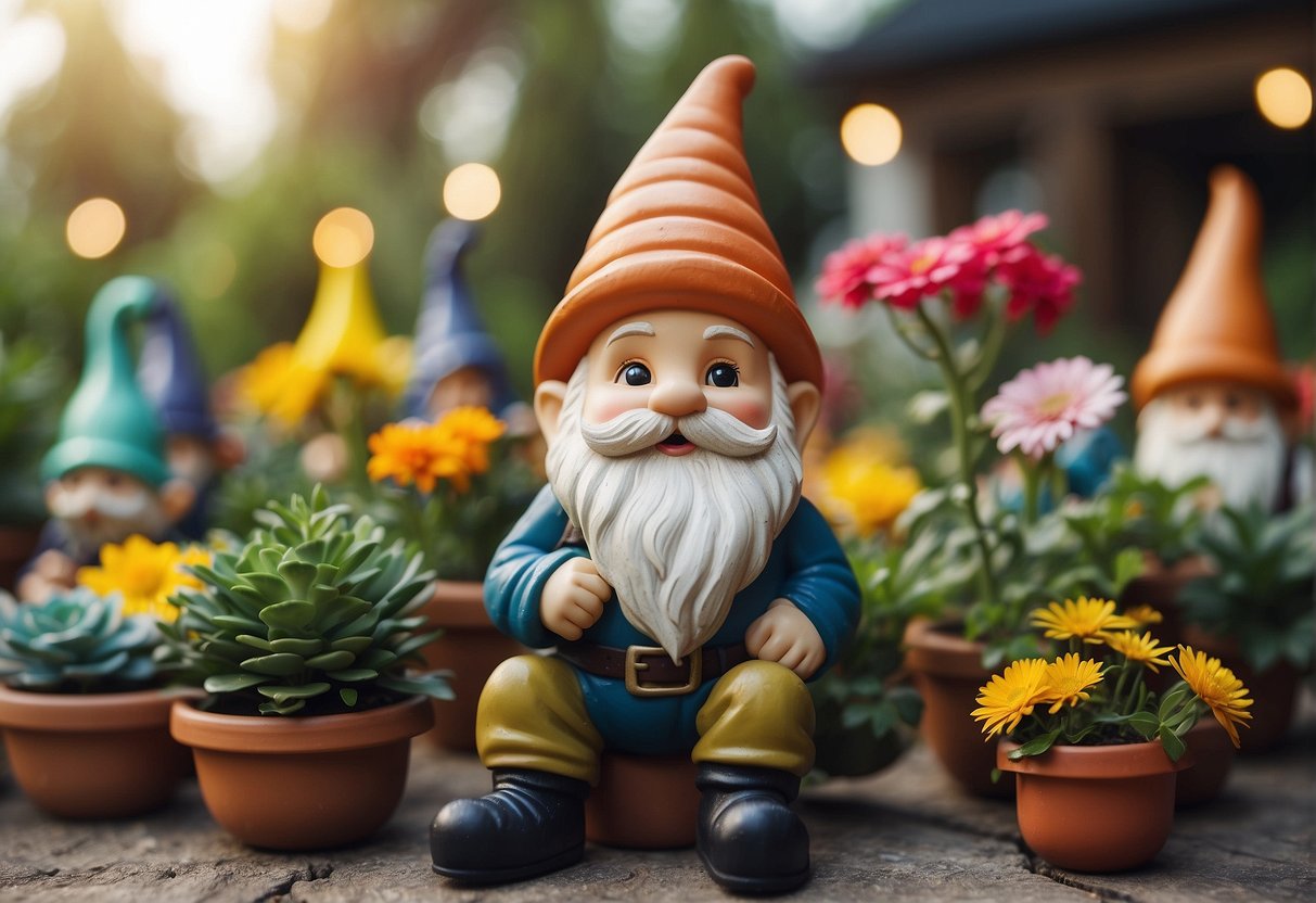 Various outdoor decorations displayed on a virtual marketplace. Colorful garden gnomes, wind chimes, and hanging planters are available for purchase