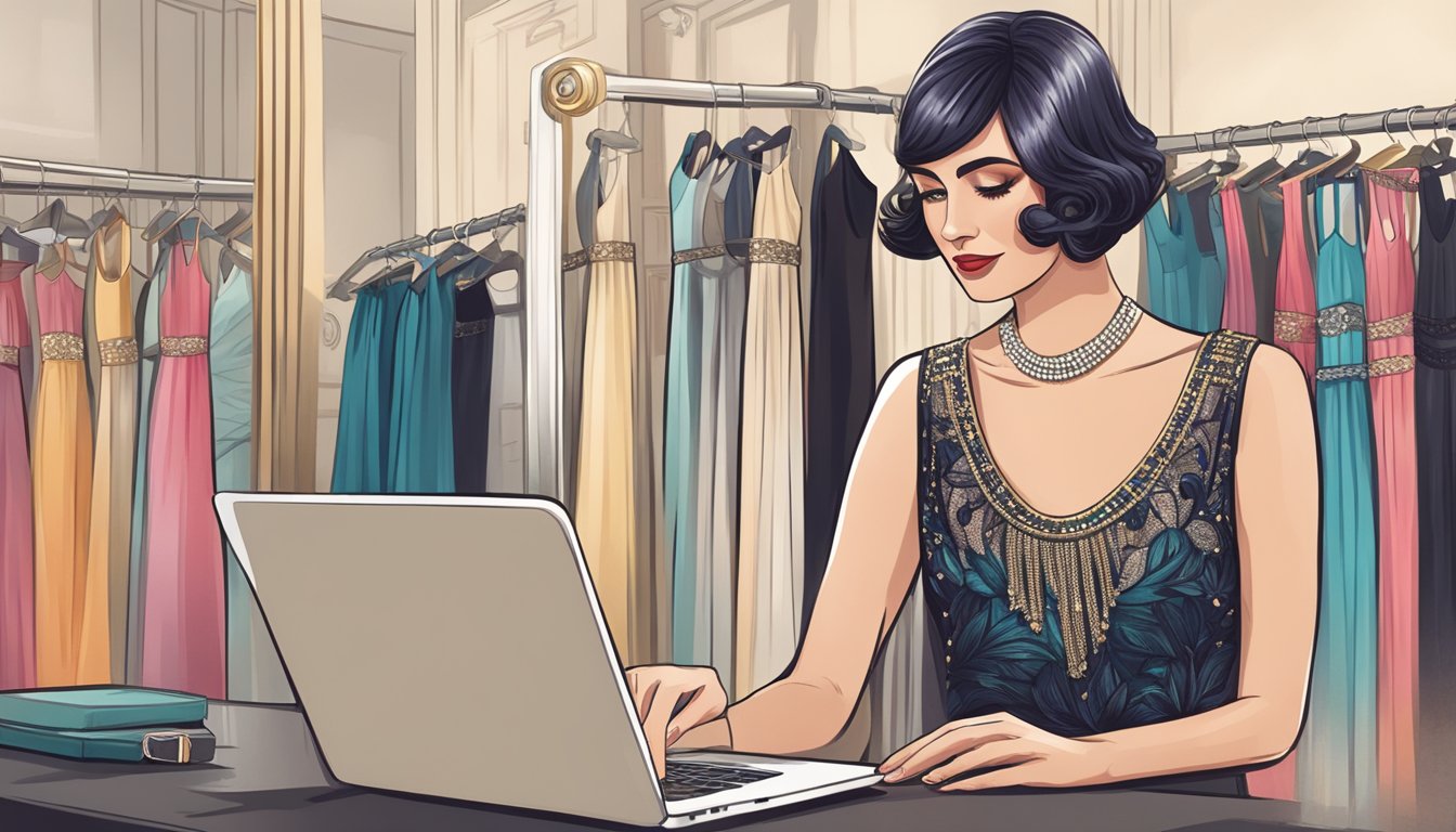 A woman clicks "add to cart" on her laptop, buying a flapper dress from an online store