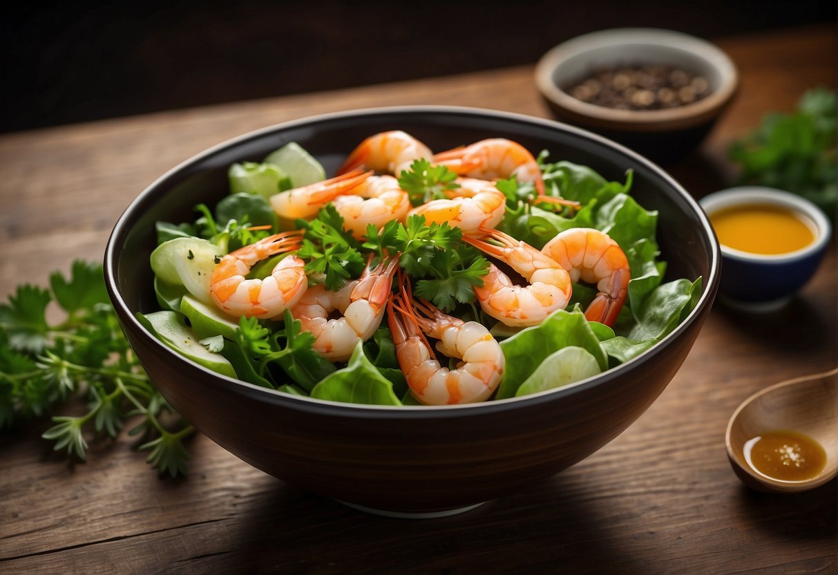 A colorful bowl filled with fresh salad, succulent prawns, and traditional Chinese ingredients, such as soy sauce and sesame oil, sits on a wooden table