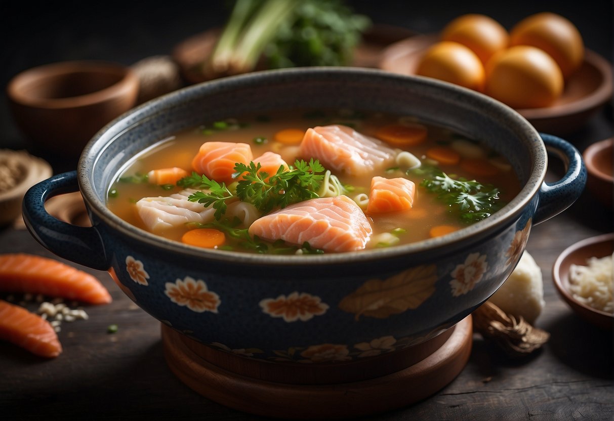 A pot of bubbling salmon head soup with Chinese ingredients