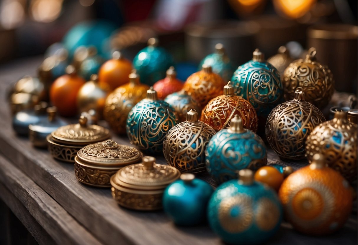 A cozy outdoor market with unique handmade decorations for sale. Vibrant colors and intricate designs adorn the stalls, drawing in customers