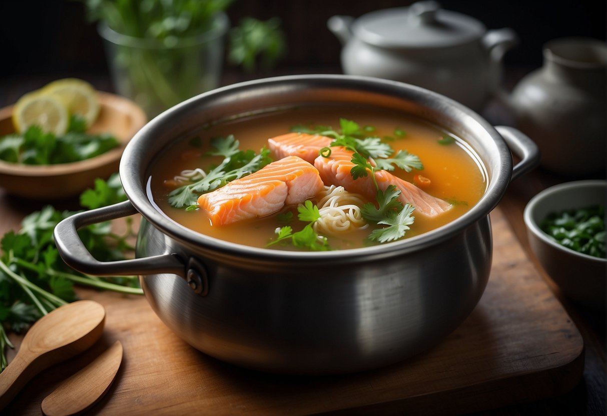 A steaming pot of Chinese salmon fish head soup simmers with essential ingredients. Green onions, ginger, and cilantro float in the fragrant broth